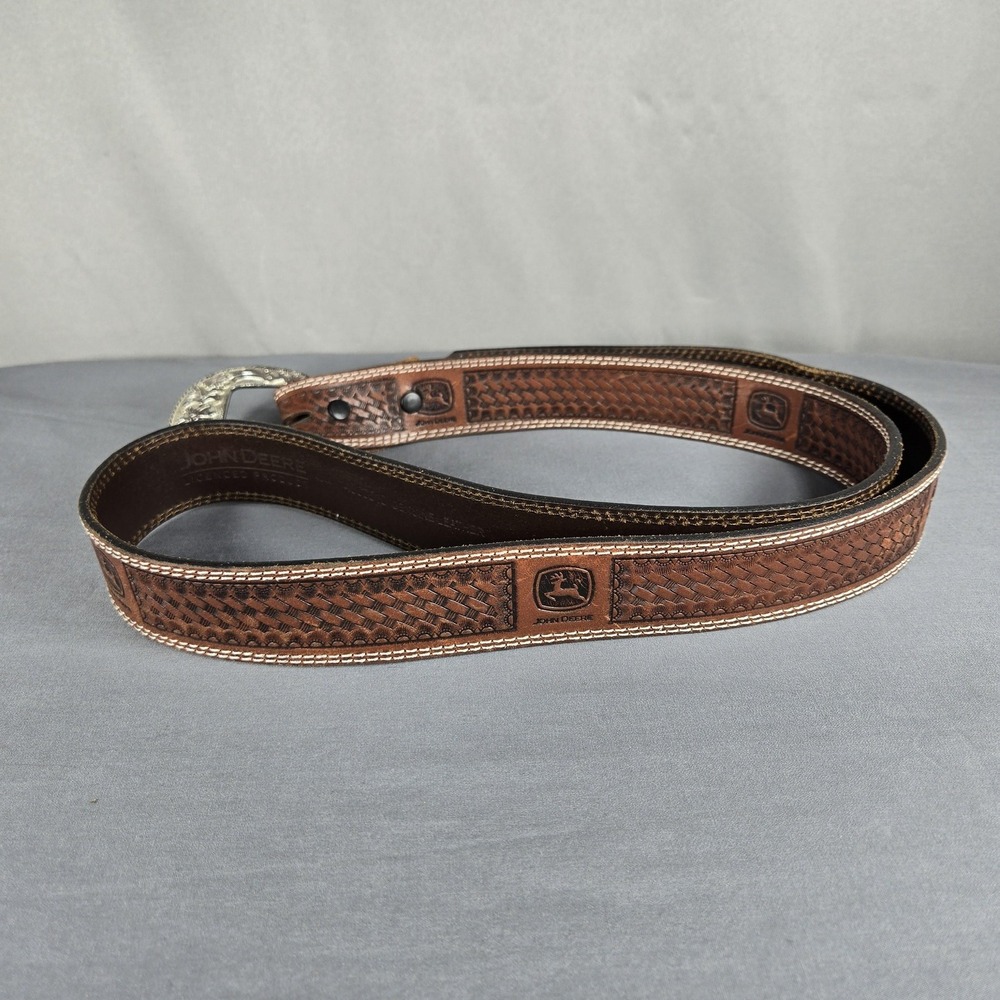 Vintage John Deere Mens 44 Belt Brown Leather Basketweave Tooled Western 90s - Picture 9 of 12